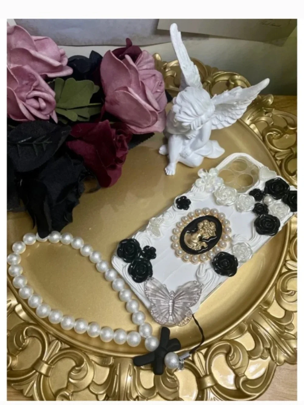 iPhone 12pro Baroque Phone Case, Handmade Vintage case with free beads chain